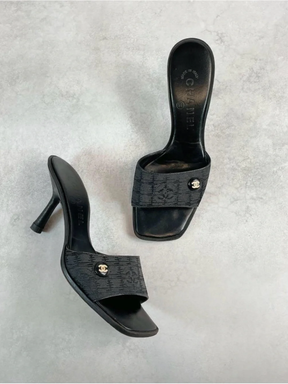 CHANEL Black Heeled Mules Sandals / Size 36.5 / Travel Line COCO / Vintage